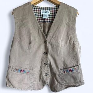 Vintage White Stag Brown Floral Embroidered Vest Cottagecore Boho Medium